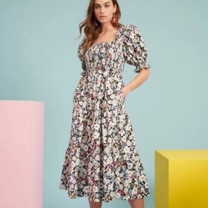 Rachel Parcell Black and White Puff Sleeve Midi Dress‎